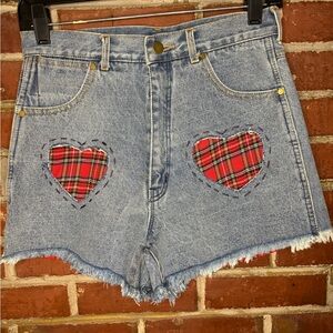 Denim Shorts with Red Plaid Heart Accents
